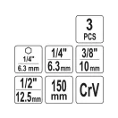 Sada adaptérov YATO nástrčných kľúčov 3 diely 1/4" Hex -> 1/4", 3/8", 1/2" štvorcový CrV