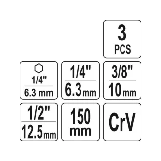   Sada adaptérov YATO nástrčných kľúčov 3 diely 1/4" Hex -> 1/4", 3/8", 1/2" štvorcový CrV