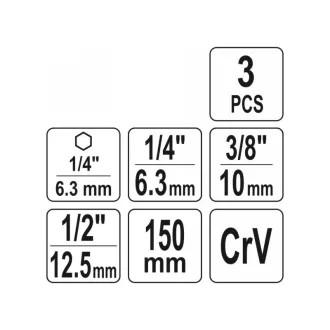   Sada adaptérov YATO nástrčných kľúčov 3 diely 1/4" Hex -> 1/4", 3/8", 1/2" štvorcový CrV