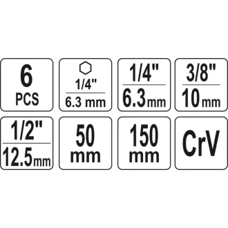   Sada adaptérov YATO nástrčných kľúčov 6 dielov 1/4" Hex -> 1/4", 3/8", 1/2" štvorcový CrV