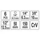 Sada adaptérov YATO nástrčných kľúčov 6 dielov 1/4" Hex -> 1/4", 3/8", 1/2" štvorcový CrV
