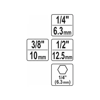   Sada adaptérov YATO nástrčných kľúčov 3 diely 1/4" Hex -> 1/4", 3/8", 1/2" štvorec