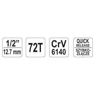   Ráčna YATO stopka 1/2" 255 mm 72T zahnutá stopka mäkká rukoväť CrV