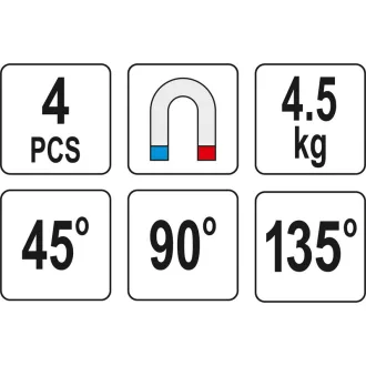   YATO Mini sada držiakov obrobkov na zváranie 4 diely 4,5 kg 45° 90° 135°
