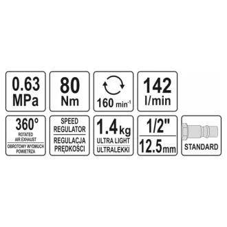   YATO Pneumatický račňový kľúč 1/2" 80 Nm odľahčený