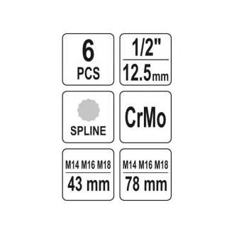   YATO Sada nástrčných kľúčov na bity 6 kusov Spline 1/2" M14-M18 CrMo