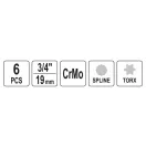 Sada nástrčných kľúčov YATO Machine Bit 6-dielna Torx a Spline 3/4" CrMo