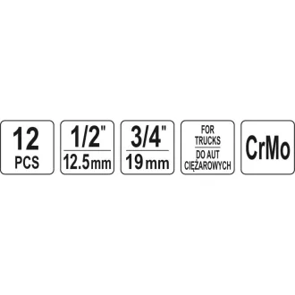   Sada nástrčných kľúčov YATO Machine s dlhými bitmi 12-dielna Torx a Allen 1/2", 3/4" nákladné auto CrMo