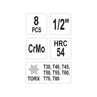   Sada nástrčkových kľúčov pre stroj YATO 8 kusov Torx 1/2" T30-T80 CrMo