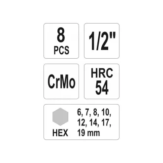   YATO Machine súprava nástrčných kľúčov s dlhými bitmi 8 kusov Allen 1/2" 6-19 mm CrMo