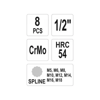   Sada nástrčkových kľúčov pre stroj YATO, 8 kusov, 1/2" M5-M18 CrMo