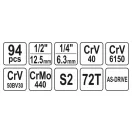 Sada nástrčných kľúčov YATO 94 kusov 1/4", 1/2" CrV