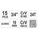 Sada nástrčných kľúčov YATO 15 kusov 3/4" 30-60 mm CrV