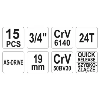   Sada nástrčných kľúčov YATO 15 kusov 3/4" 30-60 mm CrV