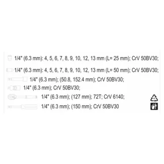   Sada nástrčných kľúčov YATO 23 kusov 1/4" 4-13 mm CrV