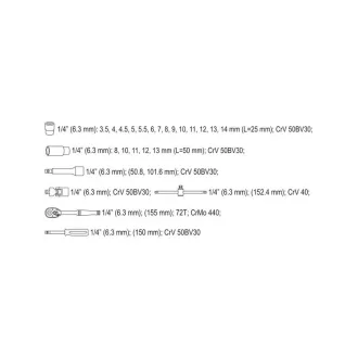   Sada nástrčných kľúčov YATO 25 kusov 1/4" 3,5-14 mm CrV