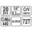 Sada nástrčných kľúčov YATO 20 kusov 1/4" 3,5-14 mm CrV