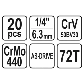   Sada nástrčných kľúčov YATO 20 kusov 1/4" 3,5-14 mm CrV