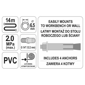   YATO Automatický navijak pneumatických hadíc 6,5 mm x 14 m