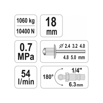 YATO Pneumatická nitovačka 1/4", 0,7 MPa, 54 l/min.