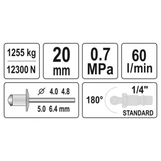YATO Pneumatický uťahovač nitov 1/4" 4,0 - 6,4 mm