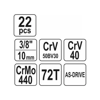   Sada nástrčných kľúčov YATO 22 kusov 3/8" 6-22 mm CrV