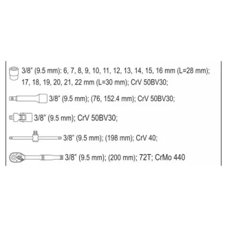   Sada nástrčných kľúčov YATO 22 kusov 3/8" 6-22 mm CrV