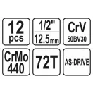 YATO sada nástrčných kľúčov 12 dielov 1/2" 10-24 mm CrV
