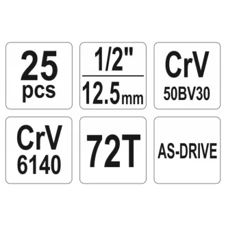   Sada nástrčných kľúčov YATO 25 kusov 1/2" 10-32 mm CrV