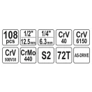 Sada nástrčných kľúčov YATO 108 kusov 1/4", 1/2" CrV