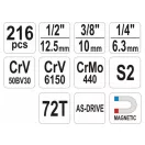 Sada nástrčných kľúčov YATO 216 kusov 1/4", 3/8", 1/2" CrV