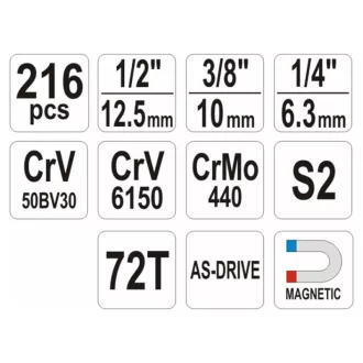   Sada nástrčných kľúčov YATO 216 kusov 1/4", 3/8", 1/2" CrV