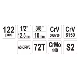 Sada náradia YATO 122 kusov 1/4", 1/2" CrV CrMo