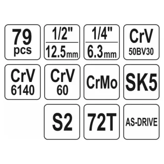 Sada náradia YATO 79 kusov 1/4", 1/2" CrV CrMo