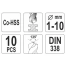 YATO Sada spirálových vŕtačiek 10 kusov 1-10 mm HSS Co
