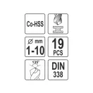 YATO Súprava vŕtačiek do dreva 19 kusov 1-10 mm HSS Co