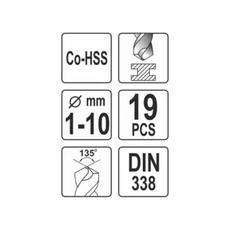 YATO Súprava vŕtačiek do dreva 19 kusov 1-10 mm HSS Co