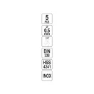 YATO Drevený vŕtak 0,5 x 22/6 mm inox HSS Premium (5 ks)