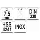 YATO Šnekový vrták 7,5 x 108/70 mm inox HSS Premium