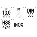 YATO Špirálový vrták 13,0 x 150/100 mm inox HSS Premium
