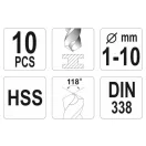 YATO Sada šnekových vŕtacích hriadelov, 10 dielna 1-10 mm HSS