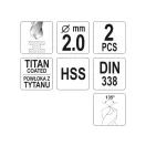 YATO Spirálový vŕtak 2,0 x 49/24 mm HSS-TiN (2 ks)