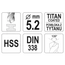 YATO Skrutkovací vrták 5,2 x 86/52 mm HSS TiN
