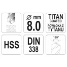 YATO Závitový vrták 8,0 x 117/75 mm HSS-TiN