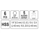 YATO Súprava záhlubníku na kov 6-dielna (6,3-8,3-10,4-12,4-16,5-20,5 mm) HSS s držiakom bitov