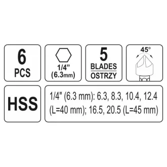   YATO Súprava záhlubníku na kov 6-dielna (6,3-8,3-10,4-12,4-16,5-20,5 mm) HSS s držiakom bitov