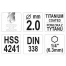 YATO Vŕták so špirálovou hranou 2,0 x 72/24 mm HSS-TiN pre bitové upínanie