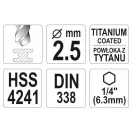 YATO Spirálový vŕták 2,5 x 80/30 mm HSS-TiN s čapom