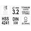 YATO Drevený vrták 3,2 x 85/36 mm HSS-TiN bitový záber