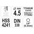 YATO Šnekový vŕtač 4,5 x 100/47 mm HSS-TiN bitový uchop
